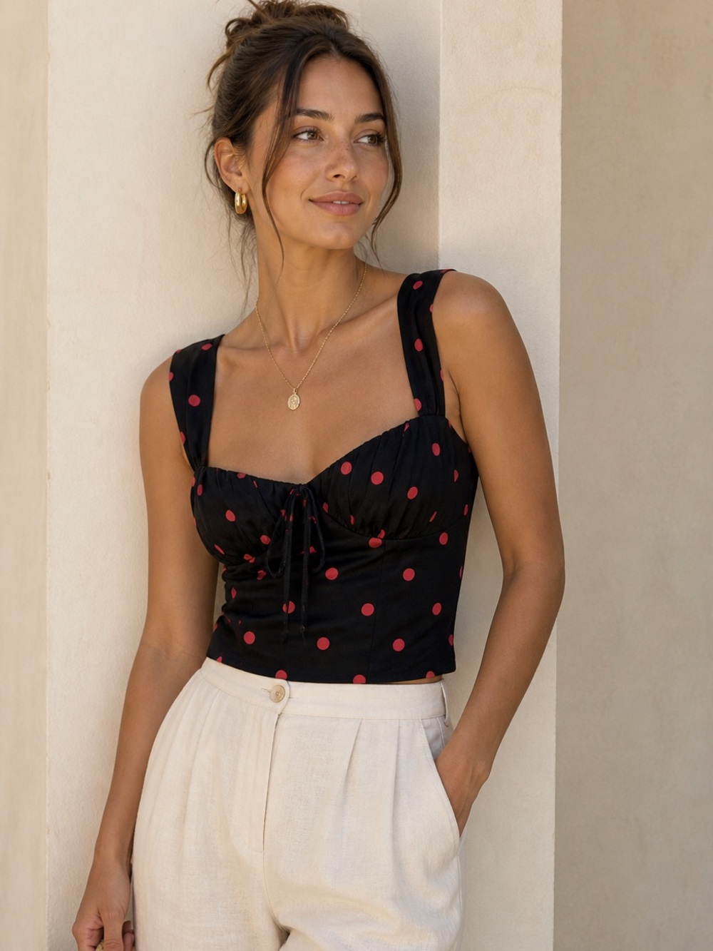 For Love & Lemons Jenny Dot Crop Top – Peach Dot Polka Dot Satin Top XS